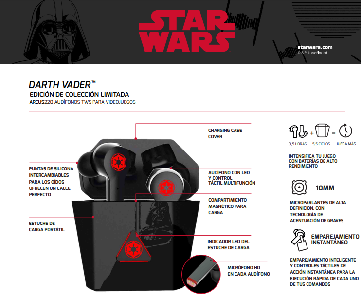 Audífonos Gaming Bluetooth Primus Arcus220 Edición Star Wars Darth Vader